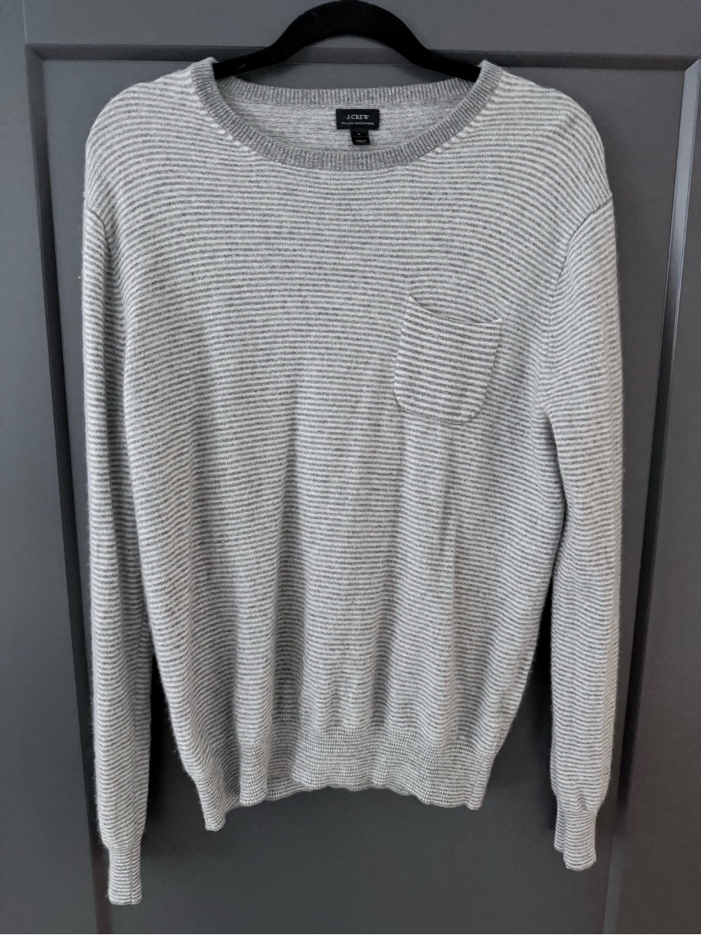 J. Crew Men’s 100% Italian Cashmere Light Gray Striped Crewneck Sweater